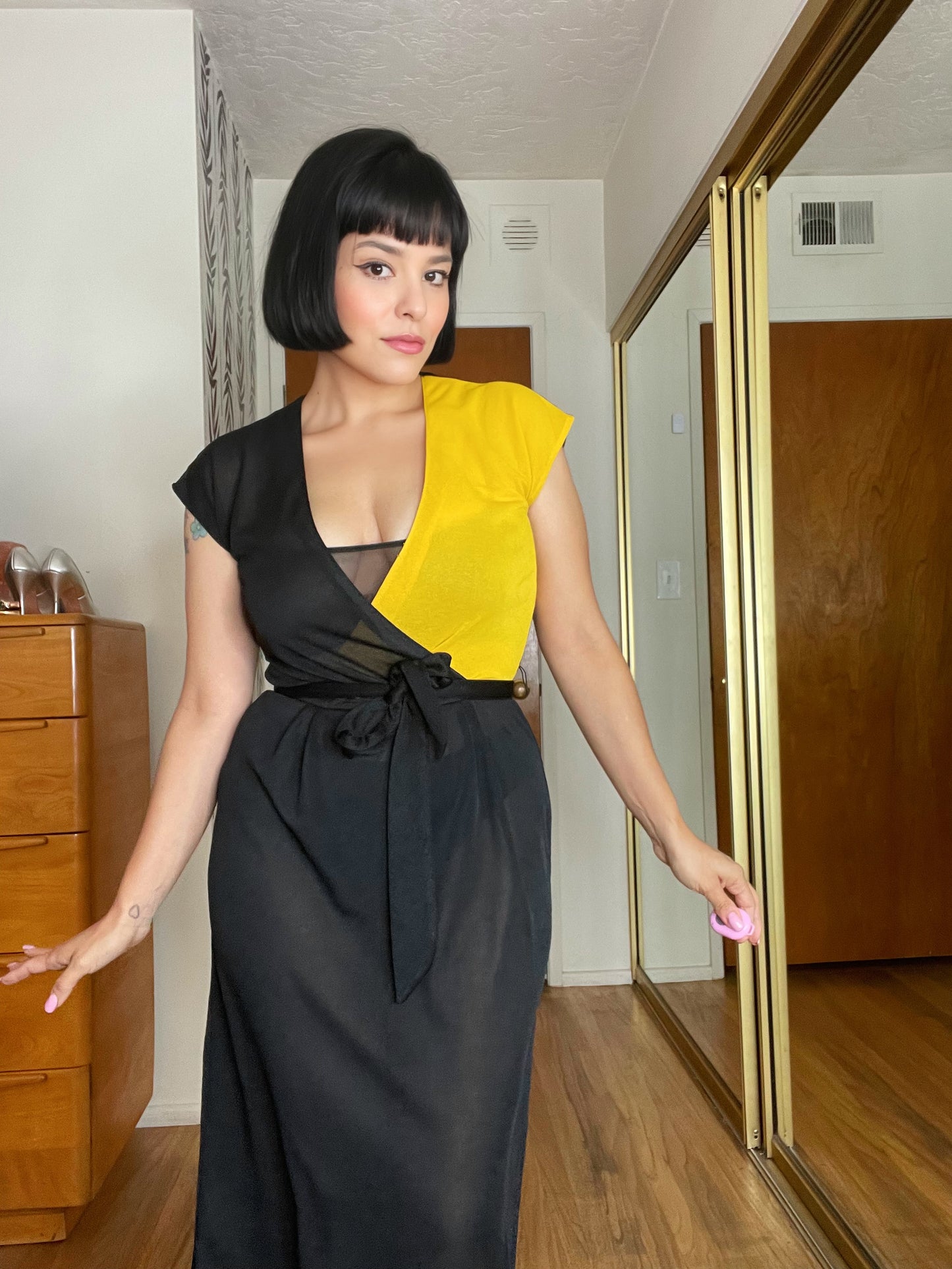 Vintage 70s "Foxy Lady San Francisco" Yellow and Black Block Color Semi Sheer Maxi Dress Fits Sizes XS-S, Possible M