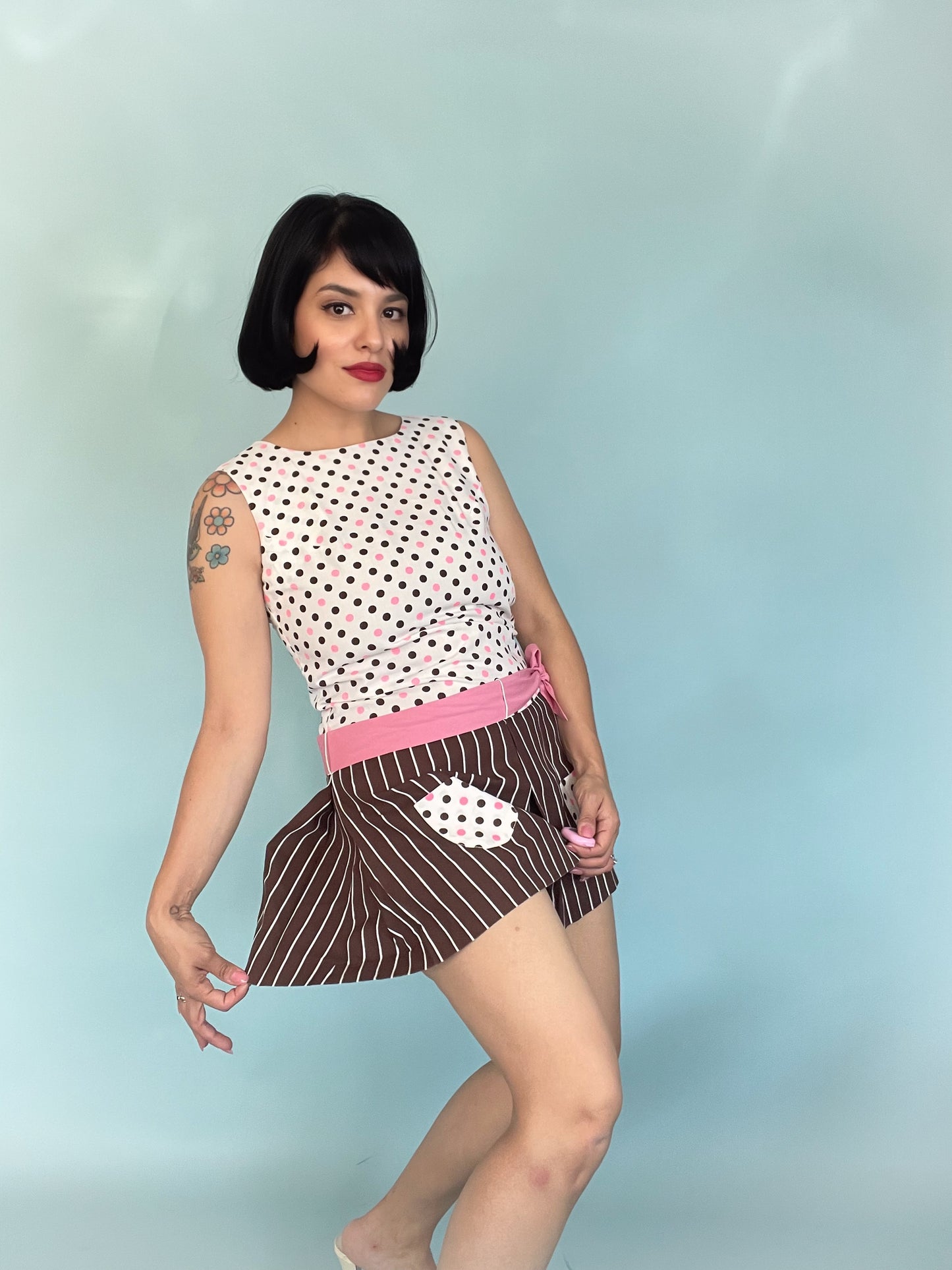 Vintage 60s / 70s Mod Polka Dot and Striped Romper Fits Sizes XXS-XS