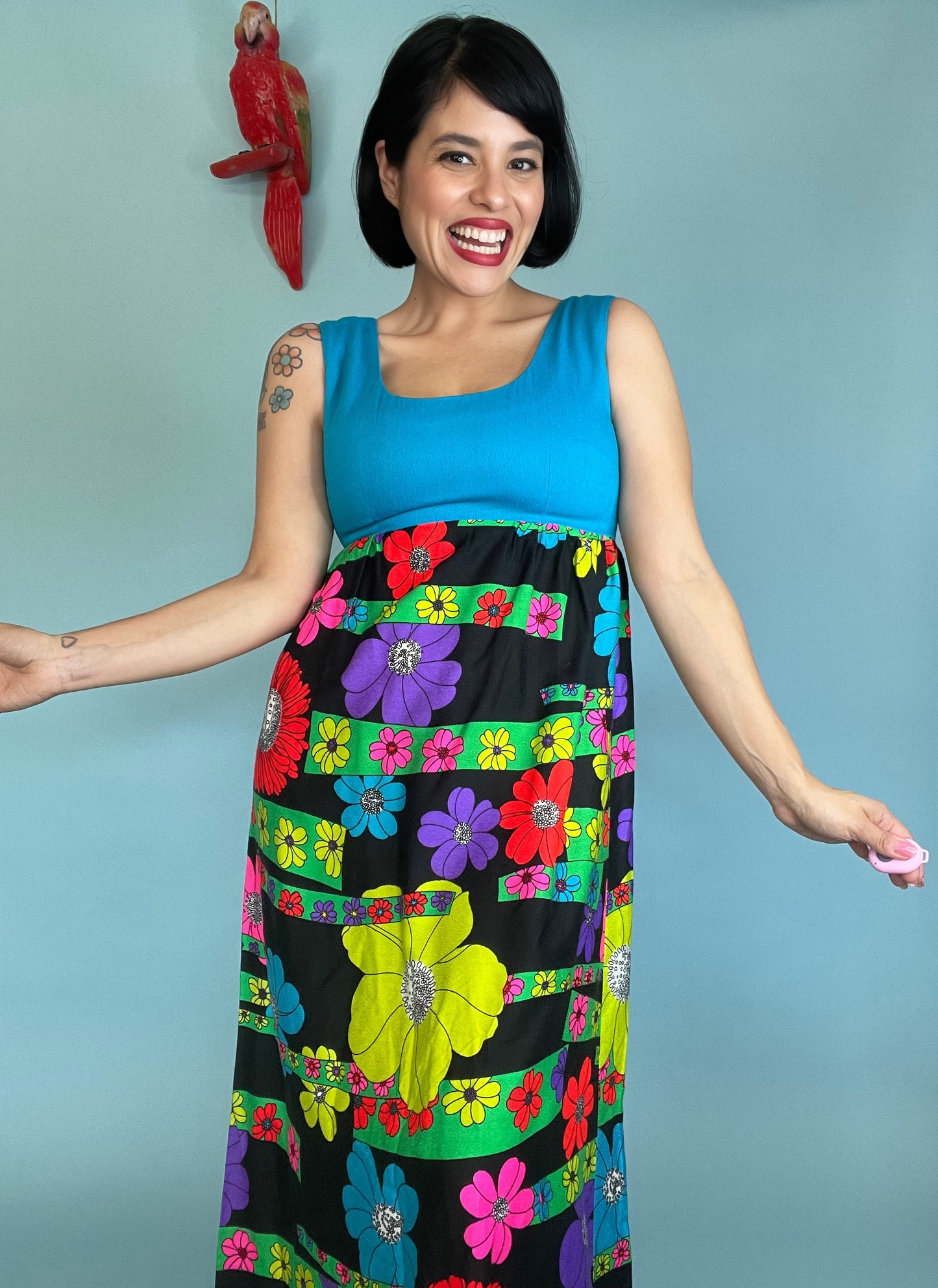 Vintage 60s Empire Waist Neon Flower Power Maxi Dress Fits Sizes XS-S