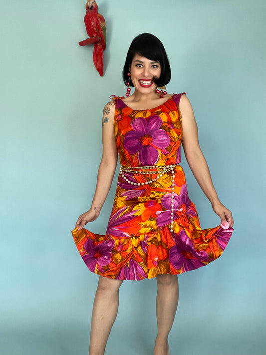 Vintage 60s / 70s "Rhapsody by Glazier" Floral Neon Cocktail Dress Fits Sizes XS-S