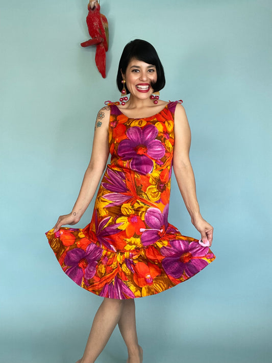 Vintage 60s / 70s "Rhapsody by Glazier" Floral Neon Cocktail Dress Fits Sizes XS-S