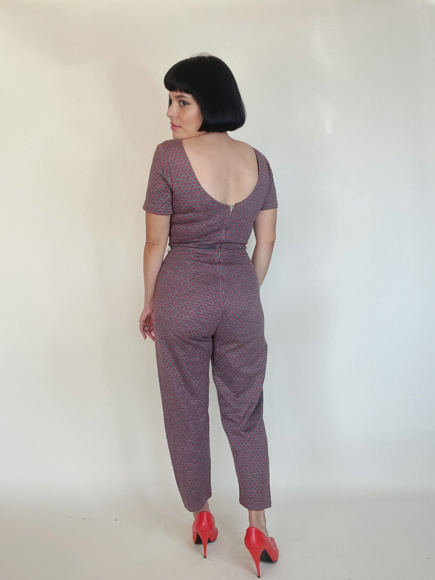Vintage 50s / 60s Polka Dot Red Grey Stretchy Jumpsuit Fits sizes S-M.