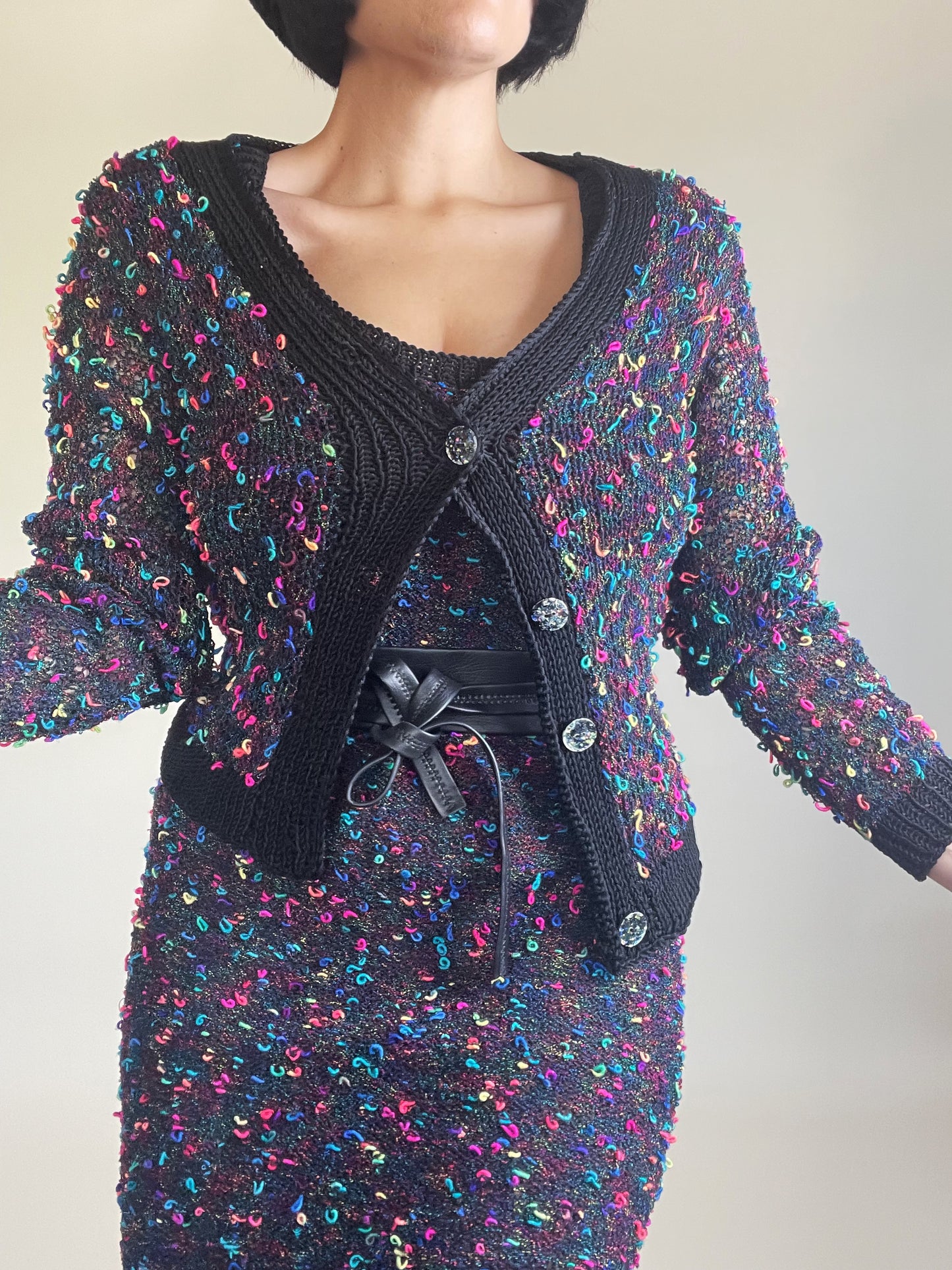 Vintage 80s Rainbow Yarn Knit Dress Sweater Set Fits Sizes XS-M