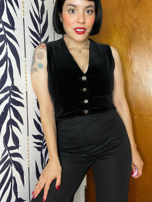 Vintage 60s 70s Rocker Babe Black Velvet Vest with Lightning Bolt Buttons Fits Sizes XS-S