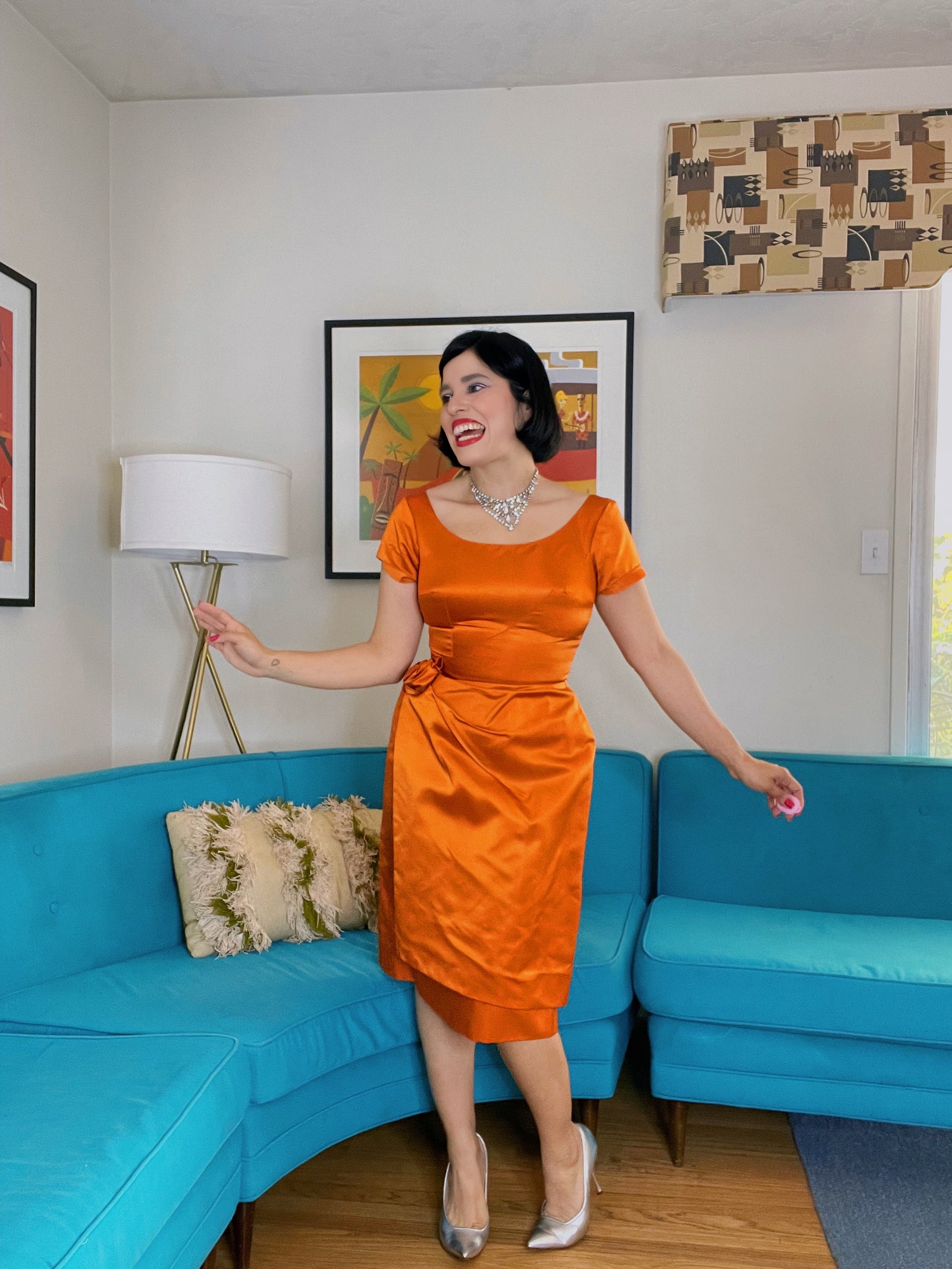 Vintage 50s / 60s Burnt Orange Satin Wiggle Dress Fits Sizes XS-SM