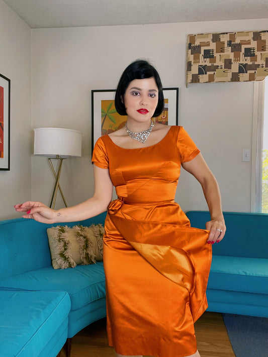 Vintage 50s / 60s Burnt Orange Satin Wiggle Dress Fits Sizes XS-SM