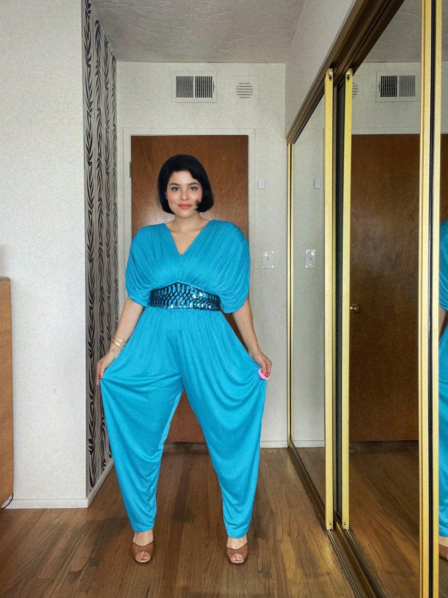 Vintage 70s / 80s "Studio Collection" Teal Blue Sequins Corset Waist Jumpsuit Best Fits Sizes XS-M