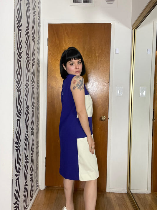 Vintage 60s Purple And White Color Block Mod Dress - Best Fits Size M-L