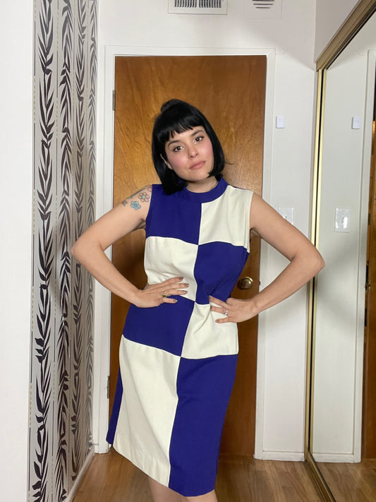 Vintage 60s Purple And White Color Block Mod Dress - Best Fits Size M-L
