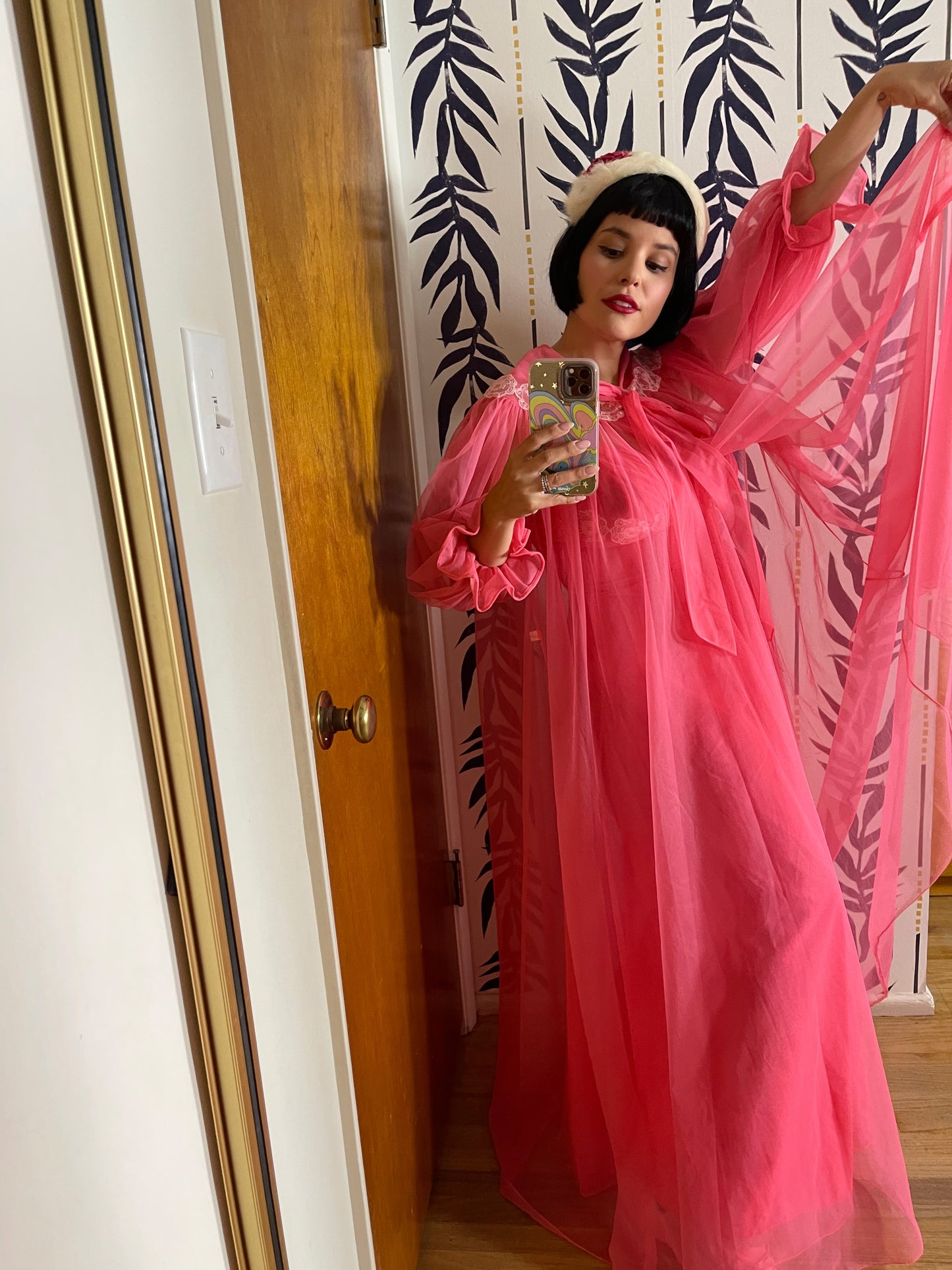 50s Wallace Virginia Pink Coral Peignoir Slip Duster Set Fits XS-M