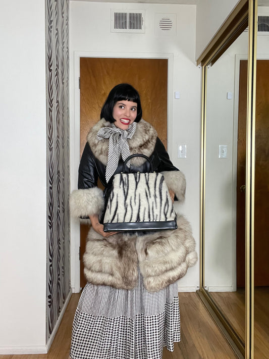 Late 70s "Bill Blass" Black & White Silk Cowl Neckline Houndstooth Three Piece Top Skirt Belt Set XS-SM