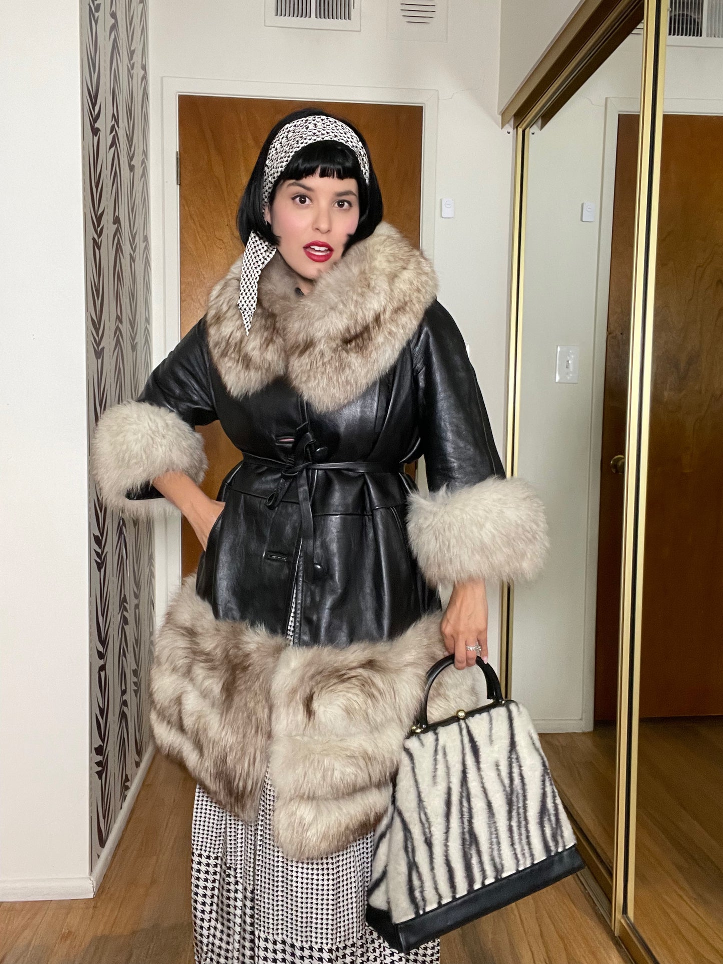 Late 70s "Bill Blass" Black & White Silk Cowl Neckline Houndstooth Three Piece Top Skirt Belt Set XS-SM