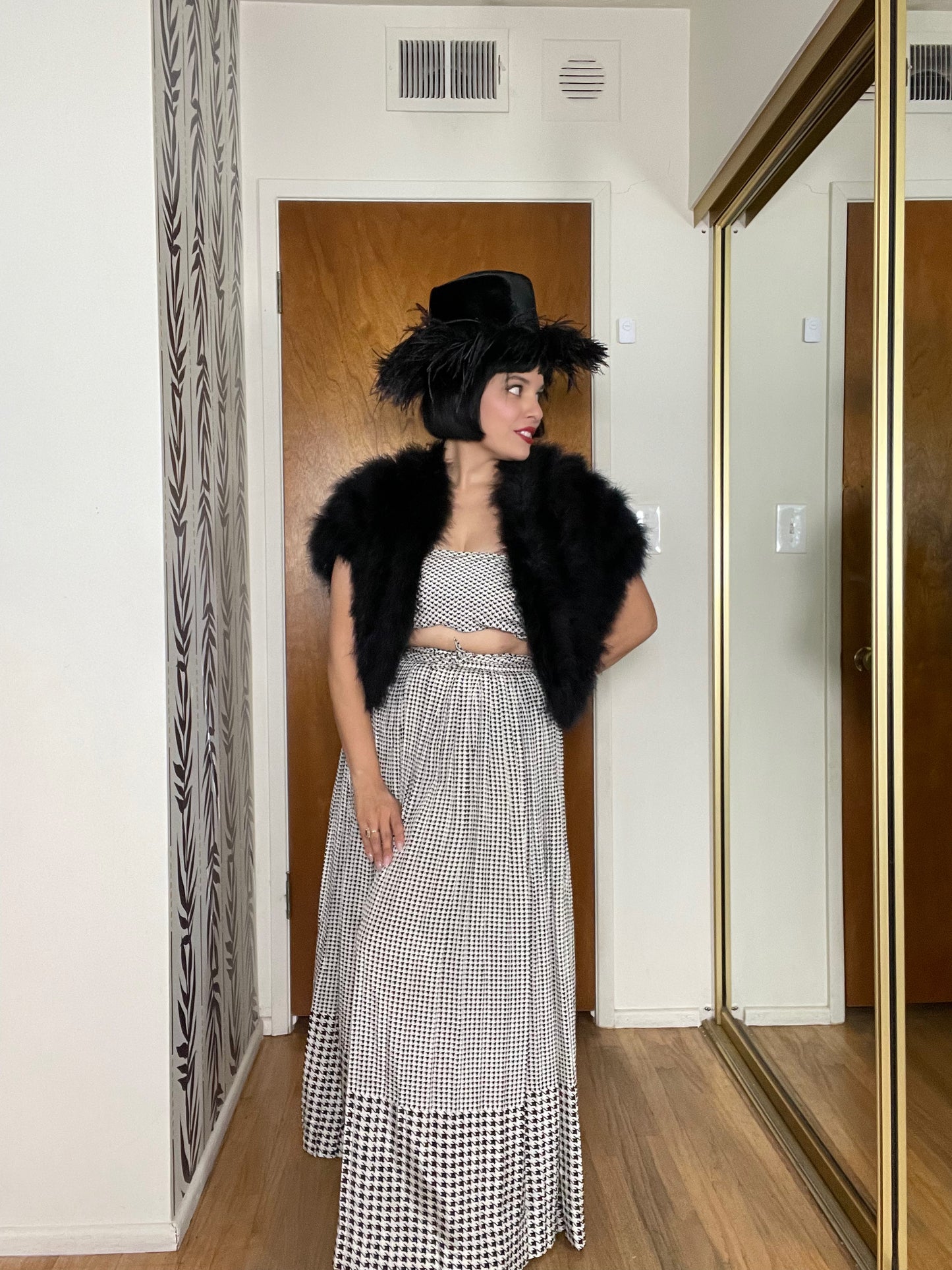 Late 70s "Bill Blass" Black & White Silk Cowl Neckline Houndstooth Three Piece Top Skirt Belt Set XS-SM