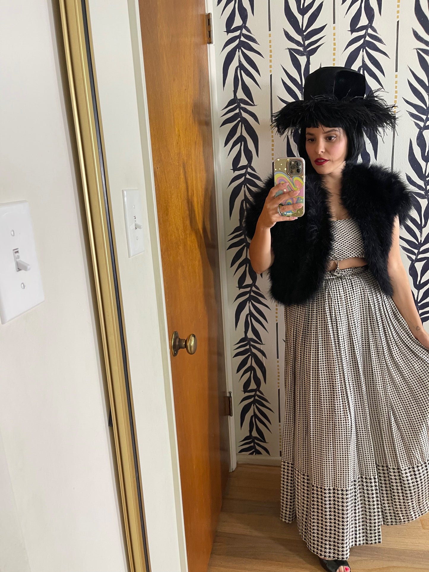 Late 70s "Bill Blass" Black & White Silk Cowl Neckline Houndstooth Three Piece Top Skirt Belt Set XS-SM