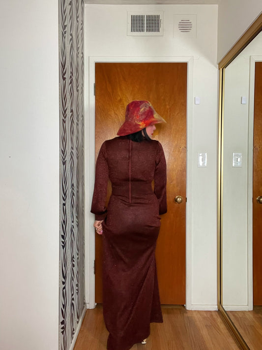 Vintage 60s 70s "Ruffians" Burgundy Glitter Knit Maxi Dress - Best Fits Size XS-L