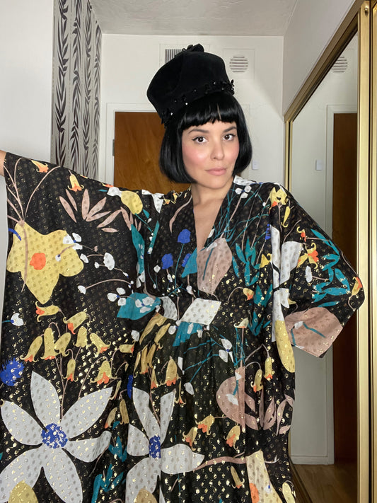 Vintage 60s 70s Florlal Black w/ Gold Accents Caftan Fits Most Sizes