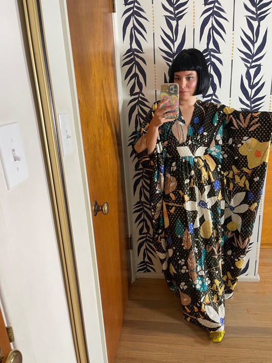 Vintage 60s 70s Florlal Black w/ Gold Accents Caftan Fits Most Sizes