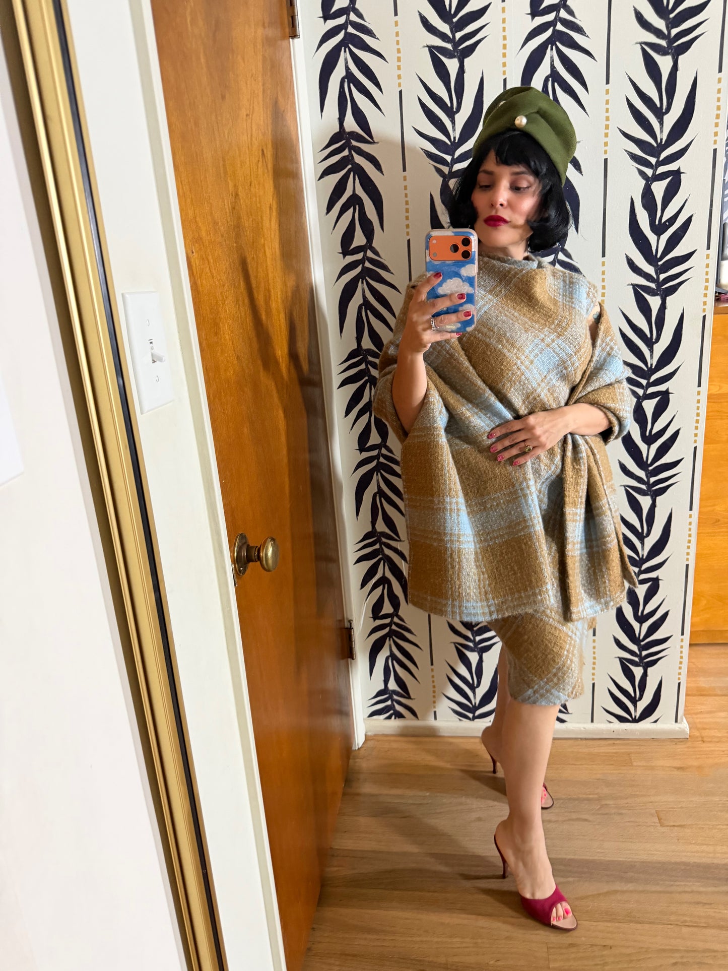 60s Plaid Boucle Dress and Shawl Set fits Sizes XS-SM