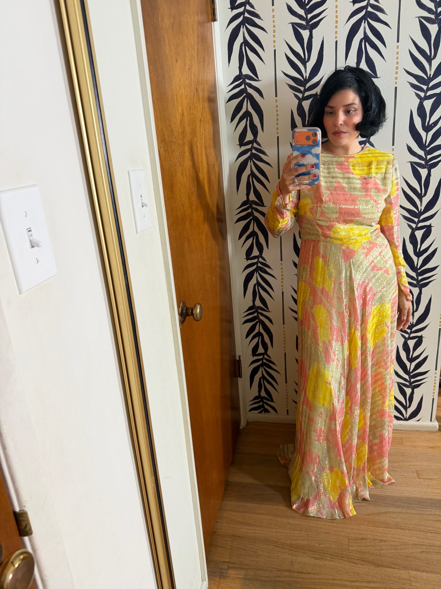 60s Abstract Floral Gold Lame Gown with Kaftan Overlay XS-M