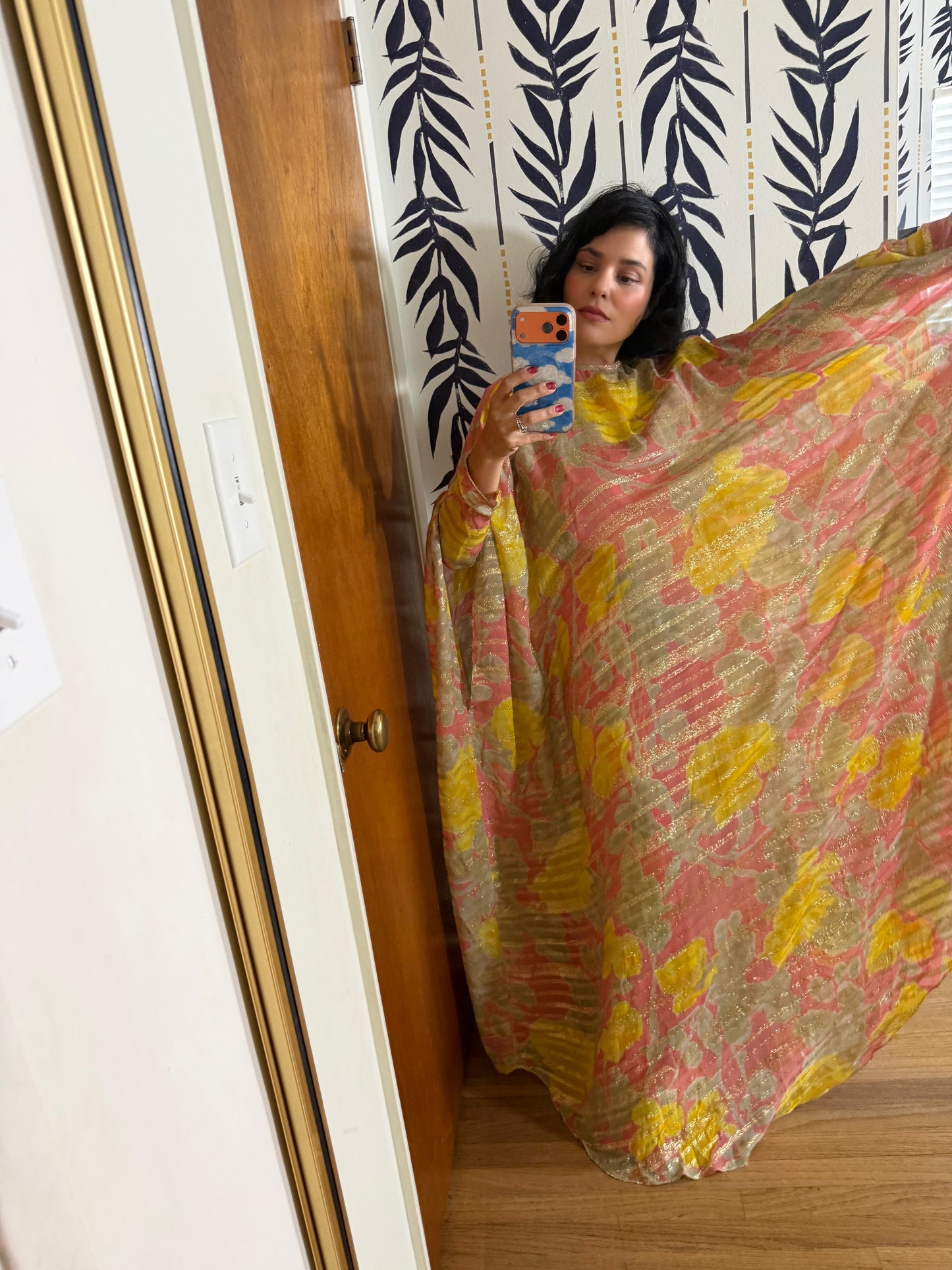 60s Abstract Floral Gold Lame Gown with Kaftan Overlay XS-M