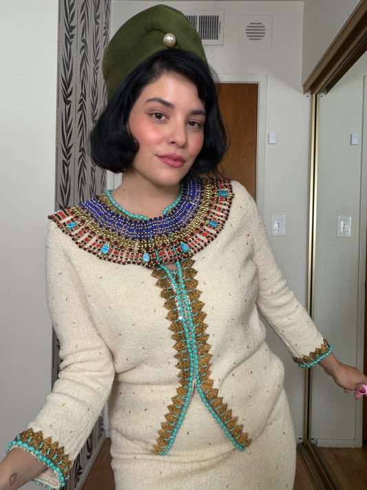 50s Vintage Gene Shelly Egyptian Revival Ivory Beaded Knit Dress Set XS-M