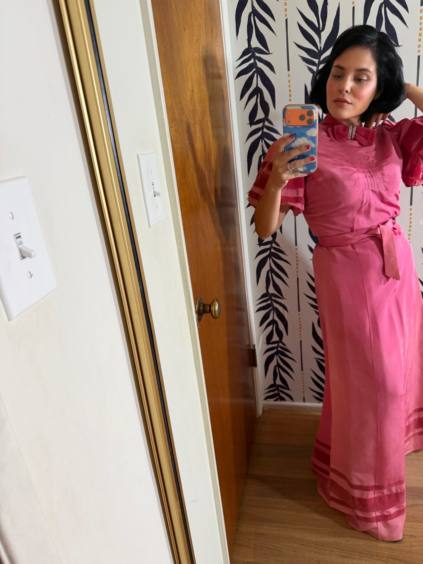 40s Vintage Rose Pink Satin Gown with Velvet Trim Fits XS-SM