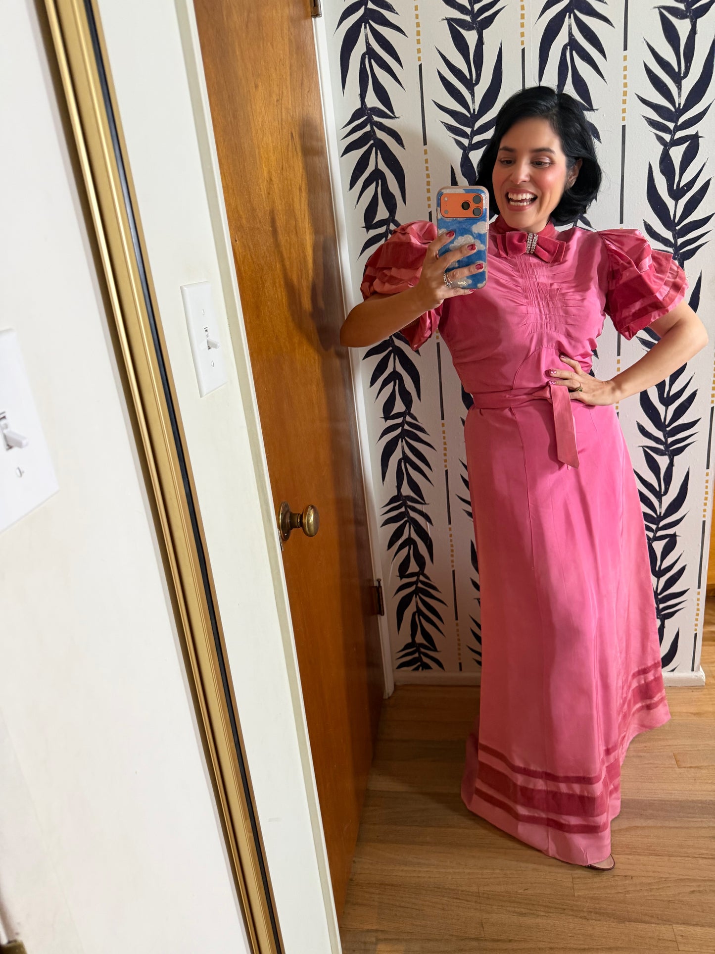 40s Vintage Rose Pink Satin Gown with Velvet Trim Fits XS-SM