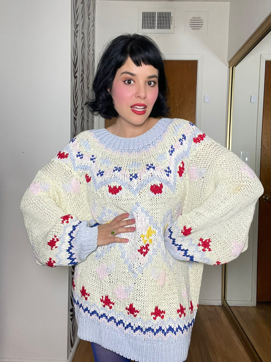 Vintage 70s 80s "No Jeans! Designs By Claude Atties" Pastel Knit Sweater - One Size Fits Most