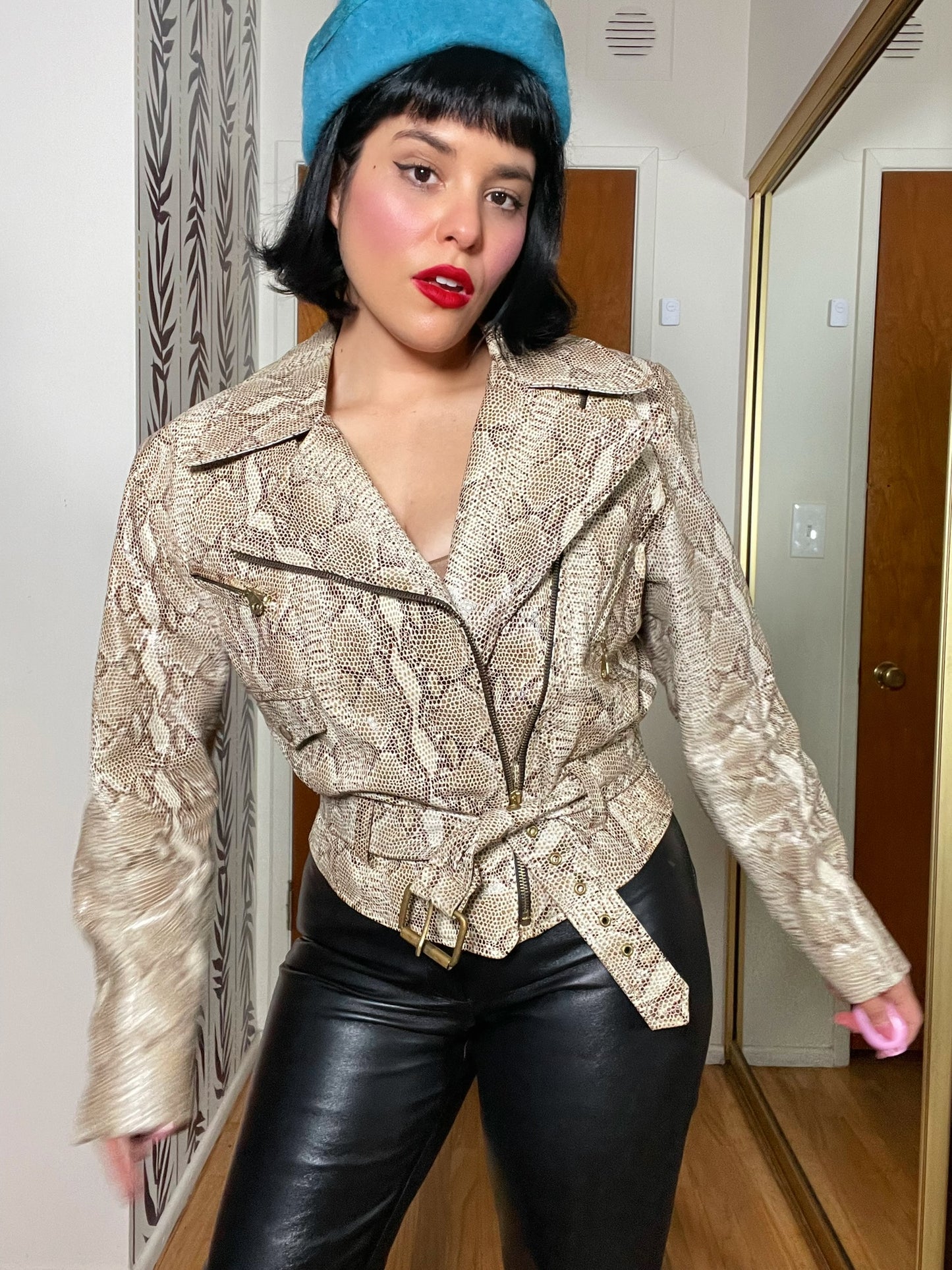 Vintage 80s "Carina Pelle" Faux Leather Snake Skin Crop Jacket - Best Fits Size M