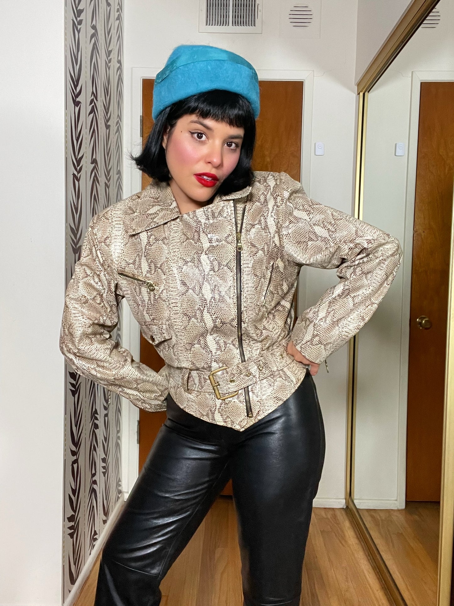 Vintage 80s "Carina Pelle" Faux Leather Snake Skin Crop Jacket - Best Fits Size M