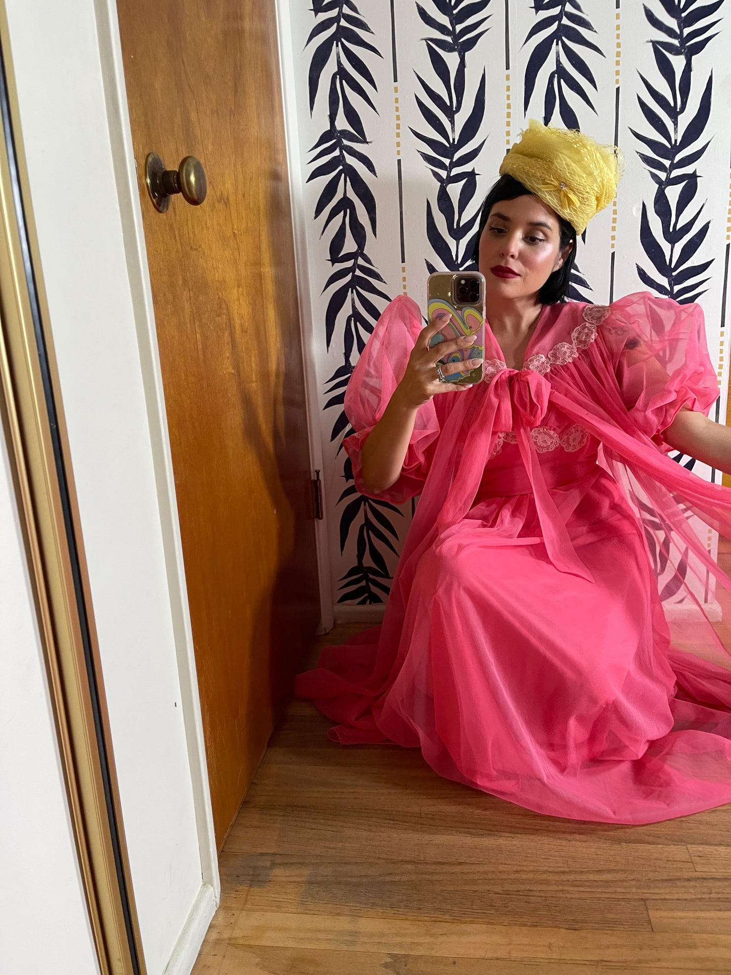 50s Wallace Virginia Pink Coral Peignoir Slip Duster Set Fits XS-M