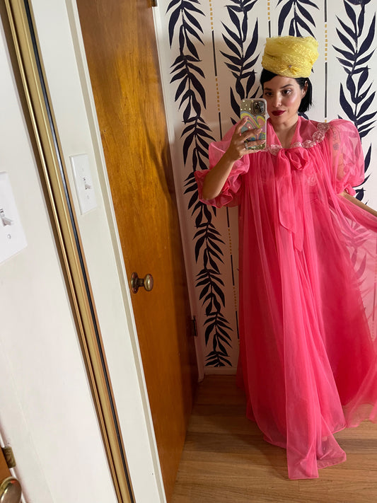 50s Wallace Virginia Pink Coral Peignoir Slip Duster Set Fits XS-M