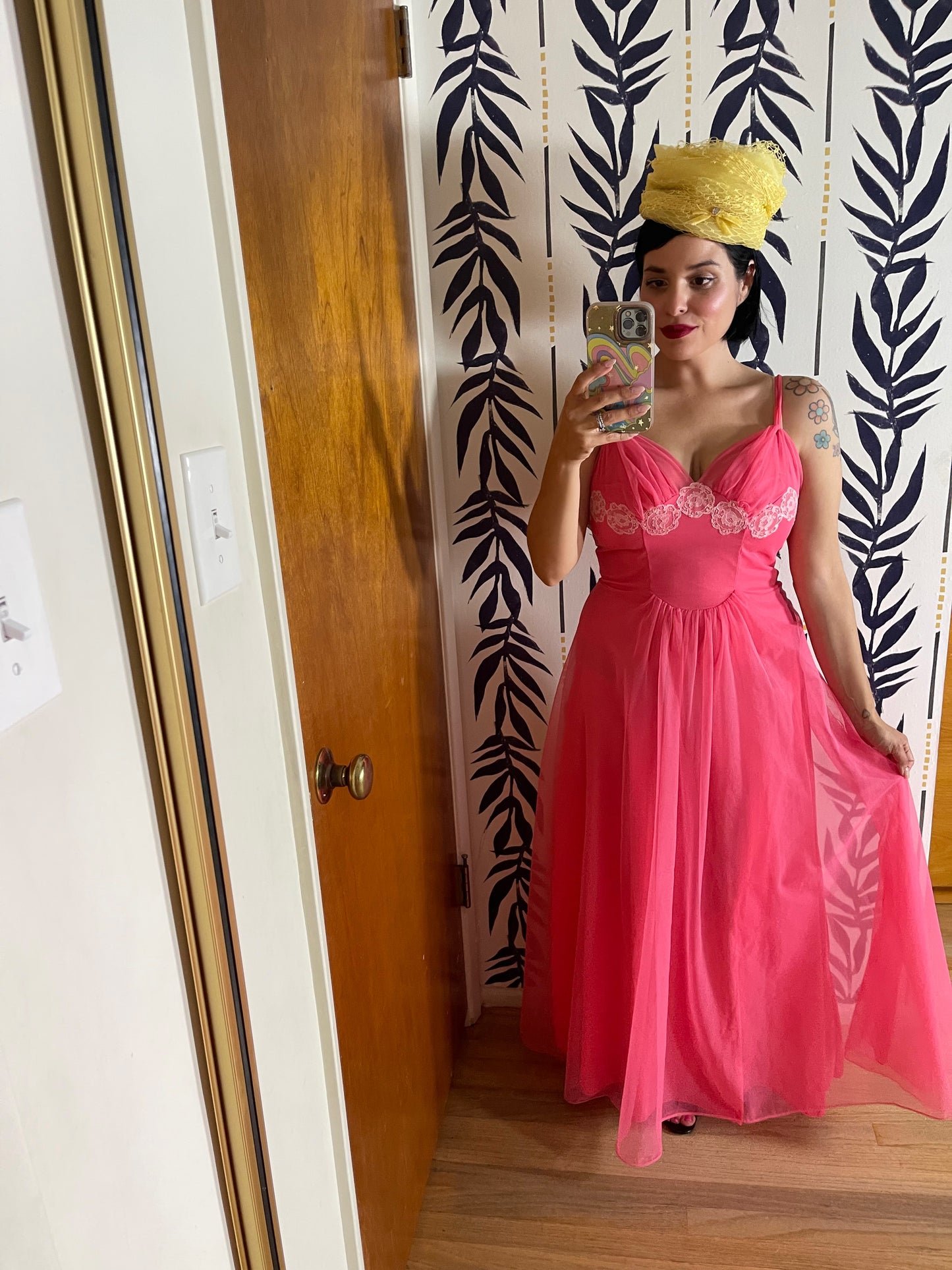 50s Wallace Virginia Pink Coral Peignoir Slip Duster Set Fits XS-M