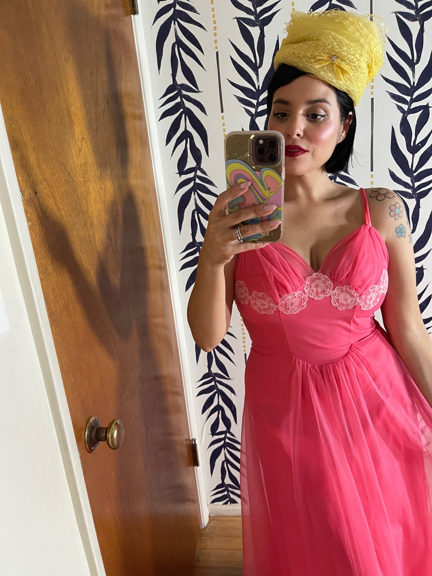 50s Wallace Virginia Pink Coral Peignoir Slip Duster Set Fits XS-M