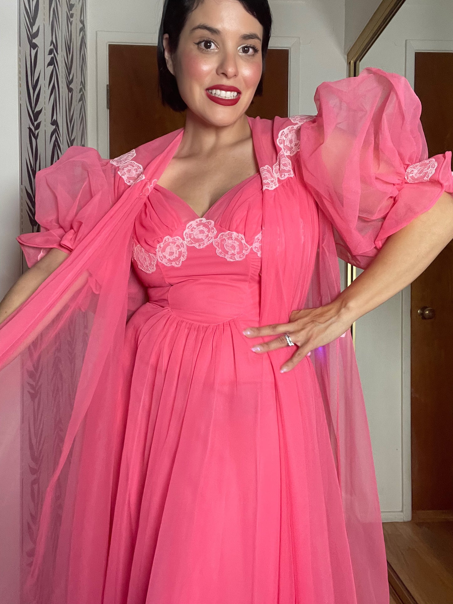 50s Wallace Virginia Pink Coral Peignoir Slip Duster Set Fits XS-M