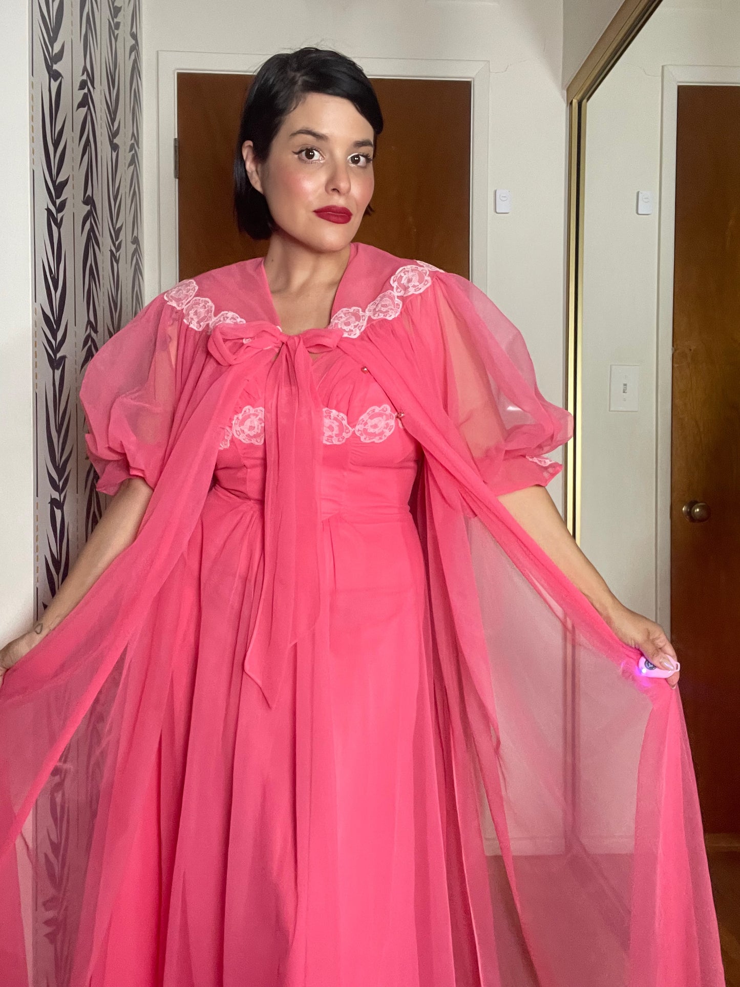 50s Wallace Virginia Pink Coral Peignoir Slip Duster Set Fits XS-M