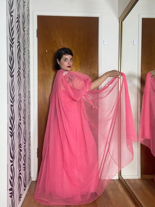 50s Wallace Virginia Pink Coral Peignoir Slip Duster Set Fits XS-M