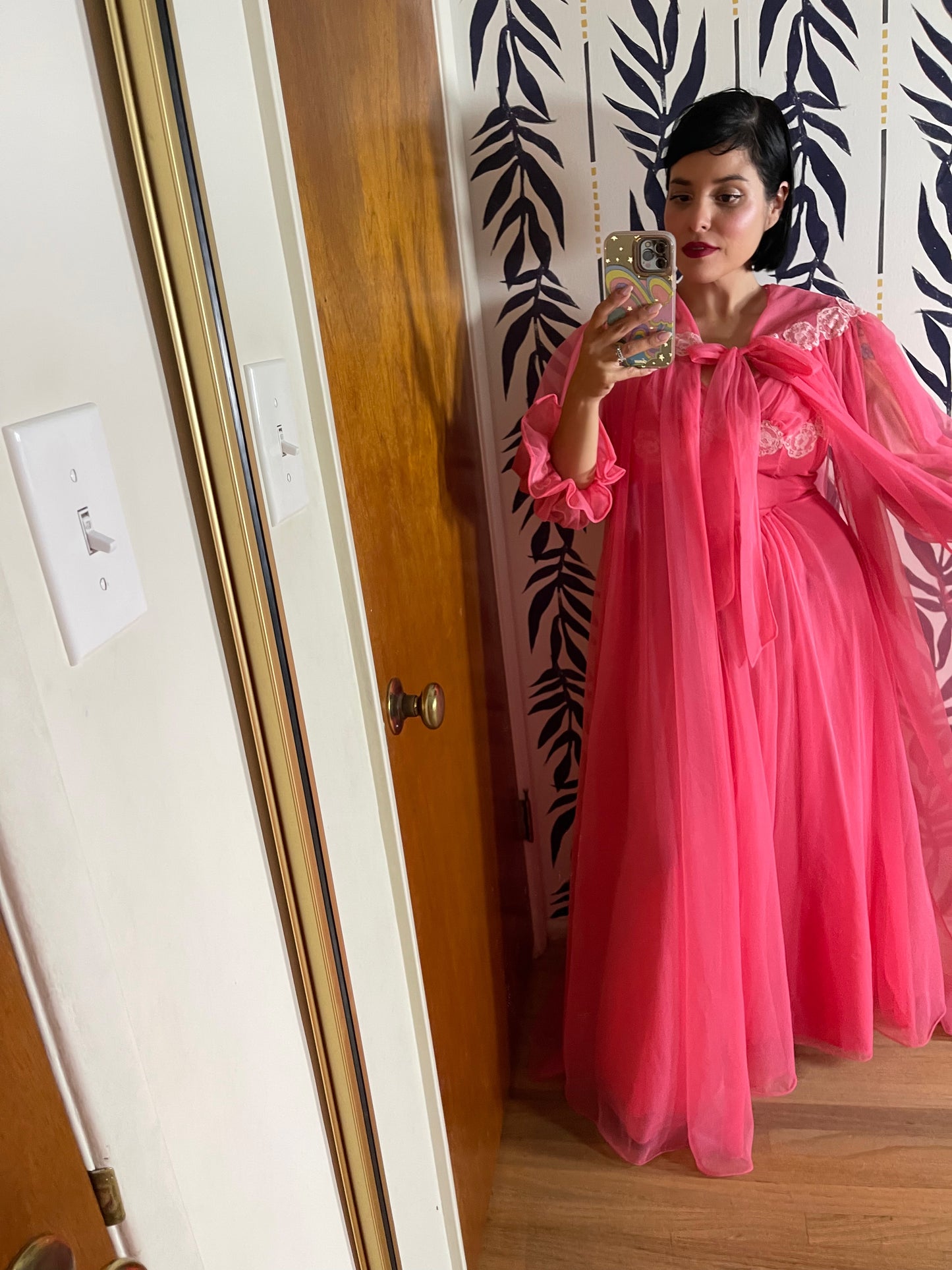 50s Wallace Virginia Pink Coral Peignoir Slip Duster Set Fits XS-M