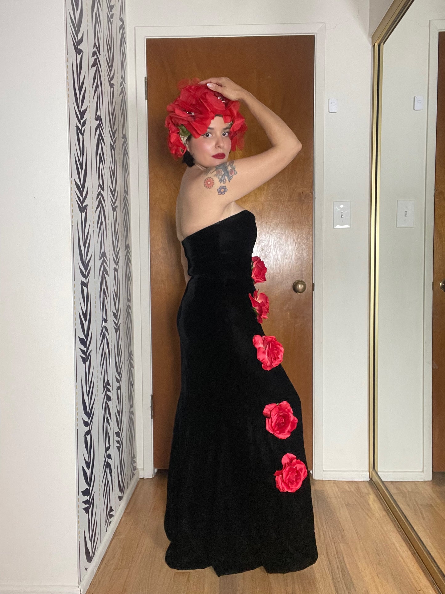 80s Victor Costa Velvet Strapless Gown w/ Red 3-D Flowers