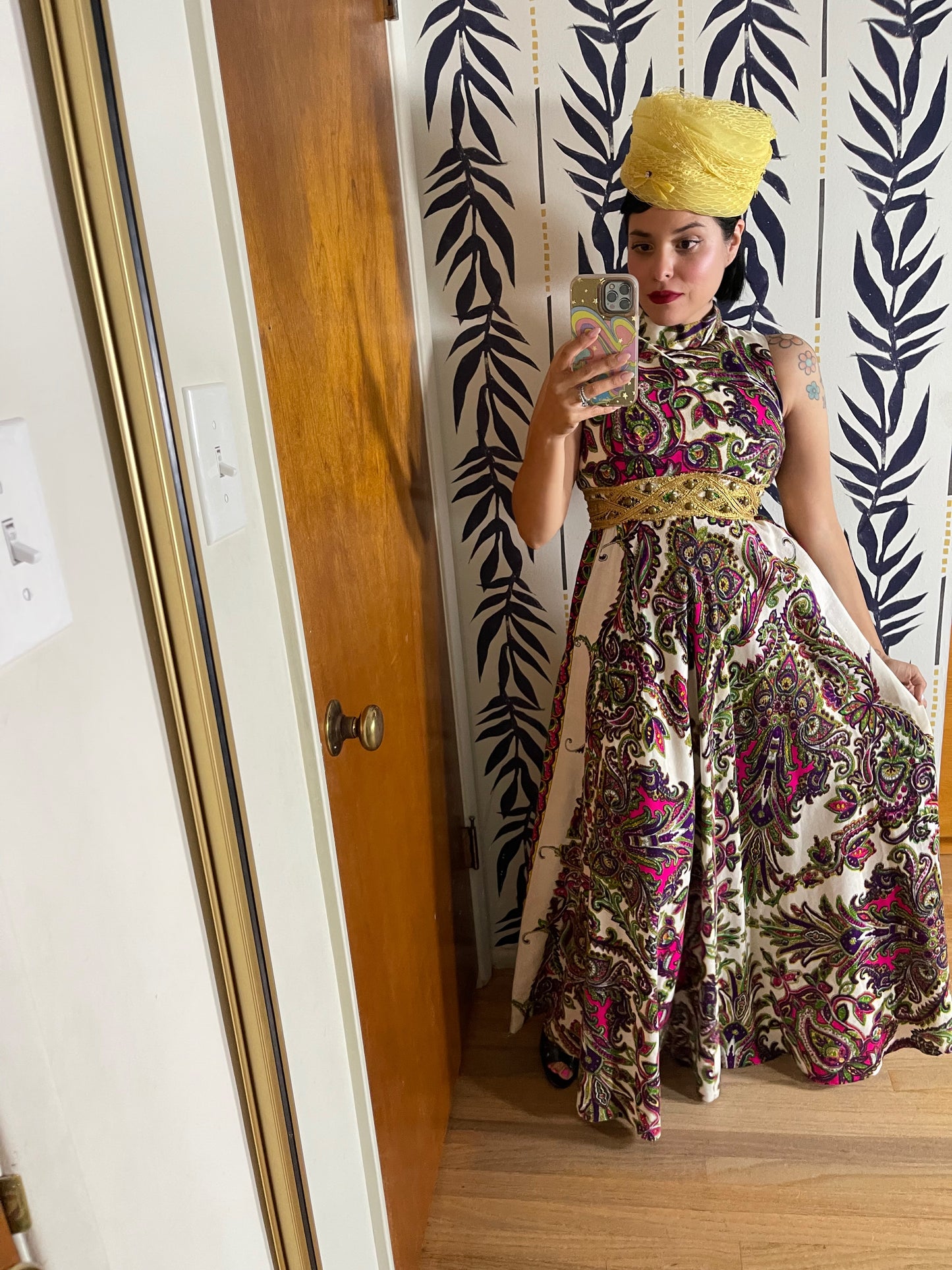 60s/ 70s Day-Glo Waist Embellished Volume Skirt Maxi Dress XS-SM