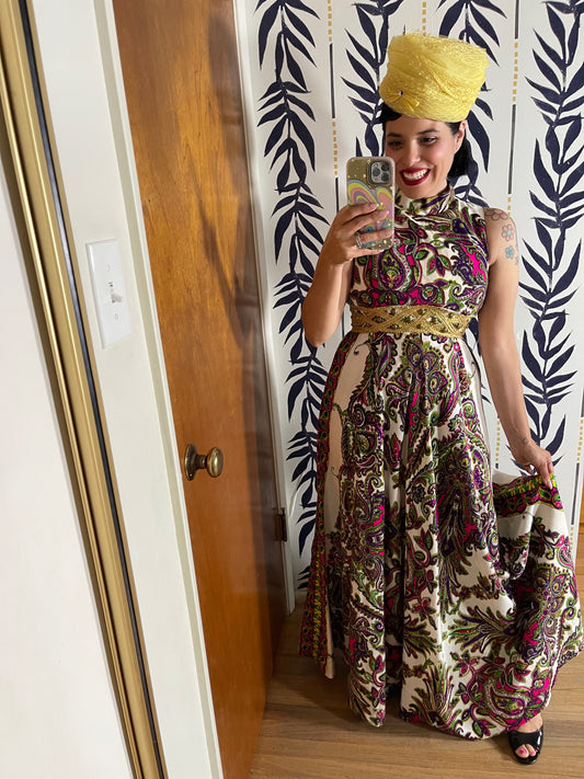 60s/ 70s Day-Glo Waist Embellished Volume Skirt Maxi Dress XS-SM