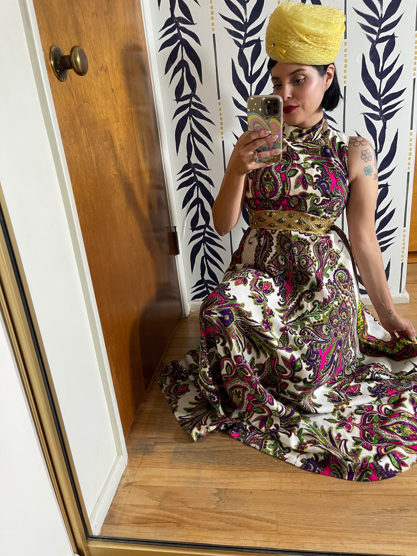 60s/ 70s Day-Glo Waist Embellished Volume Skirt Maxi Dress XS-SM