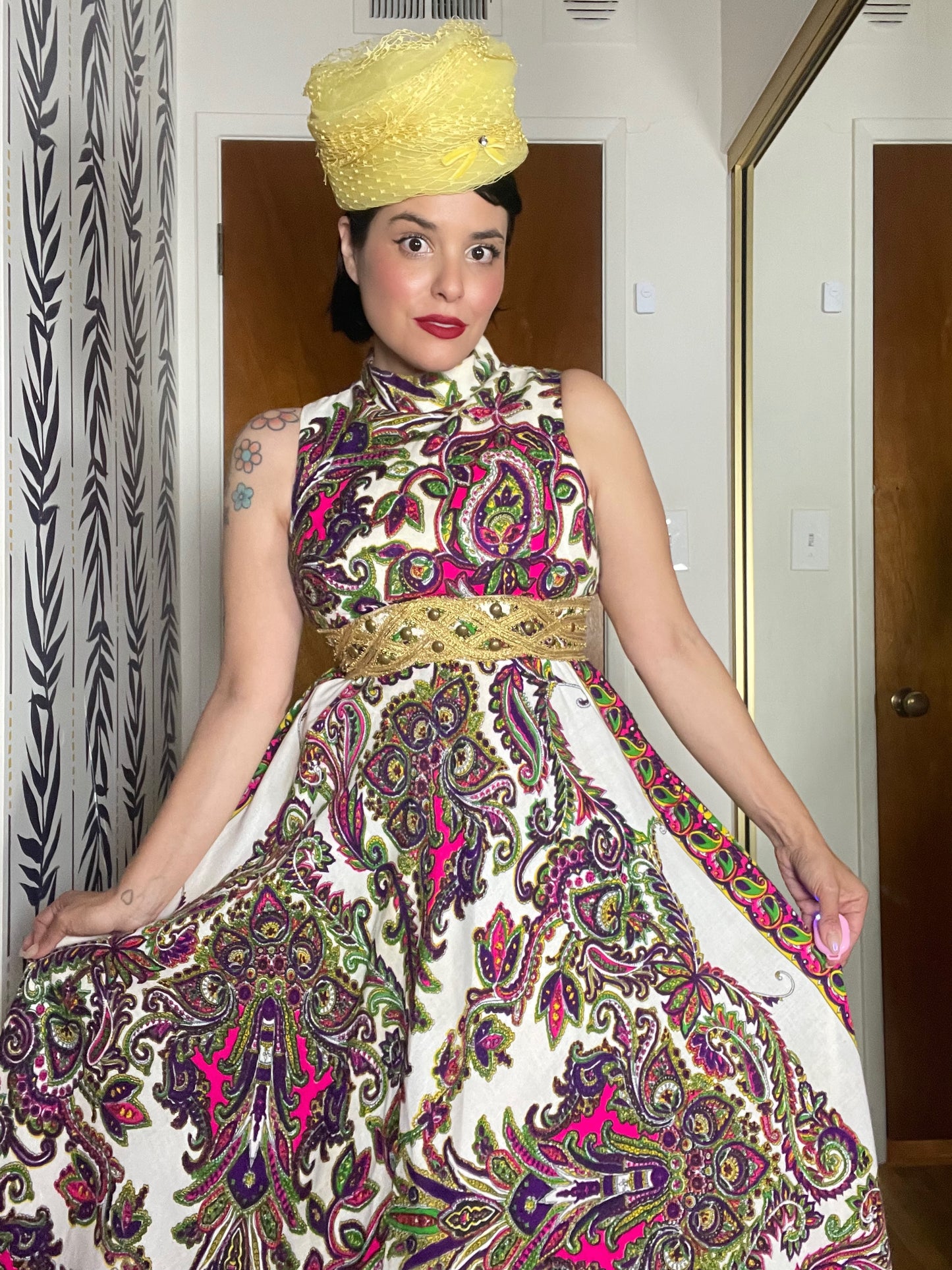 60s/ 70s Day-Glo Waist Embellished Volume Skirt Maxi Dress XS-SM