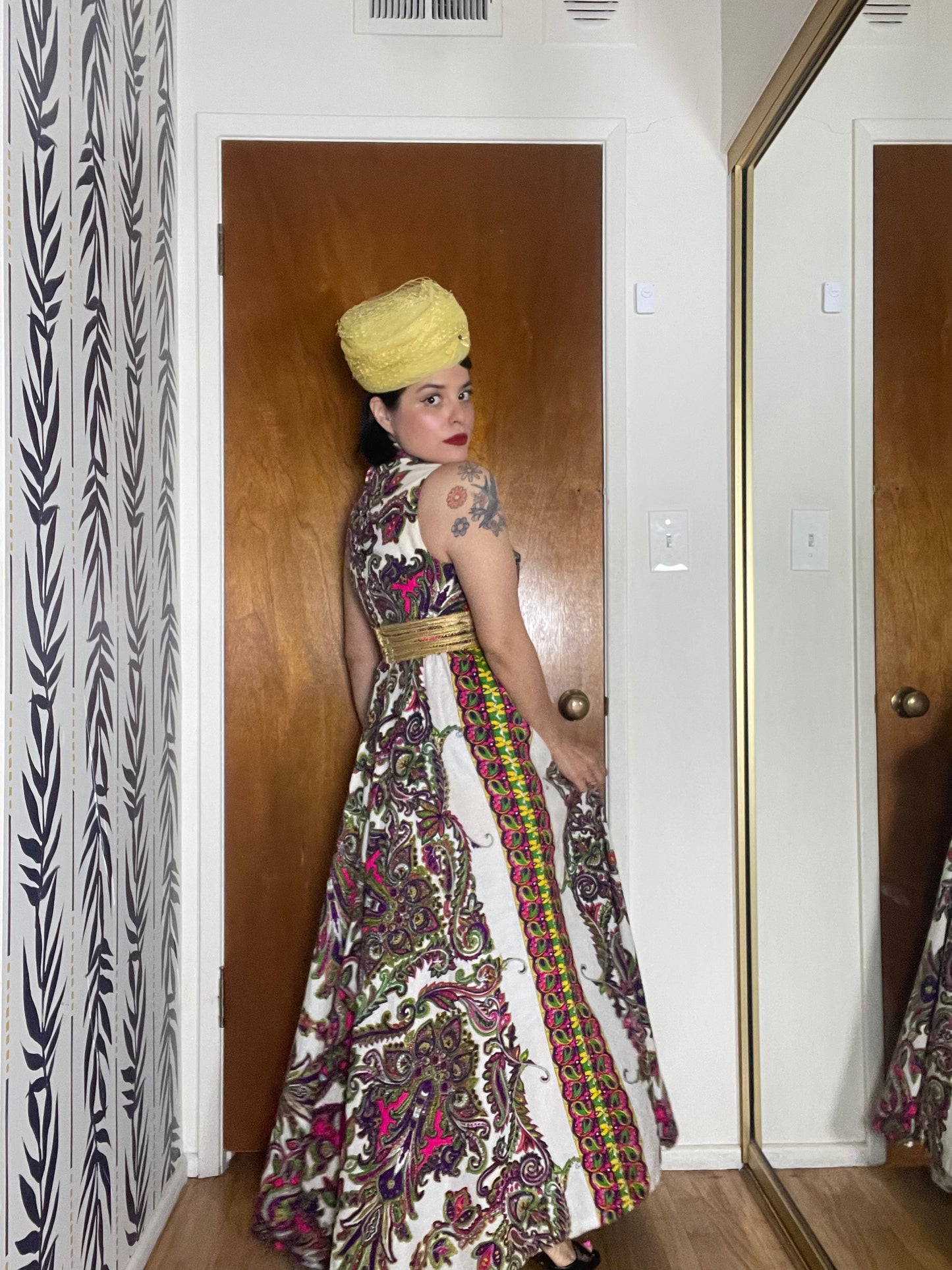 60s/ 70s Day-Glo Waist Embellished Volume Skirt Maxi Dress XS-SM