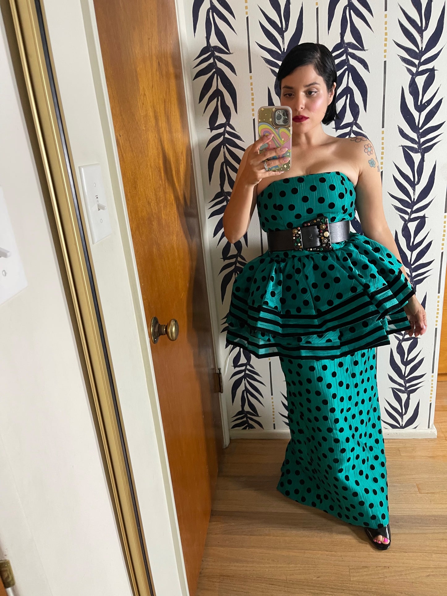 Victor Costa Polka Dot Peplum Aqua Blue Green Gown XS-SM