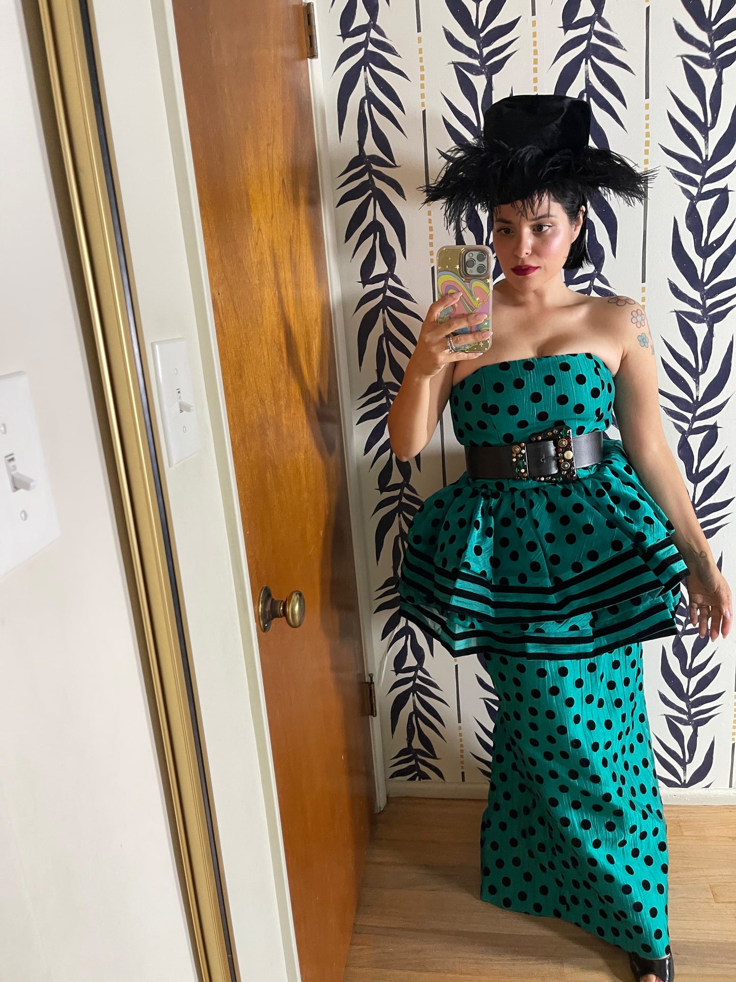 Victor Costa Polka Dot Peplum Aqua Blue Green Gown XS-SM