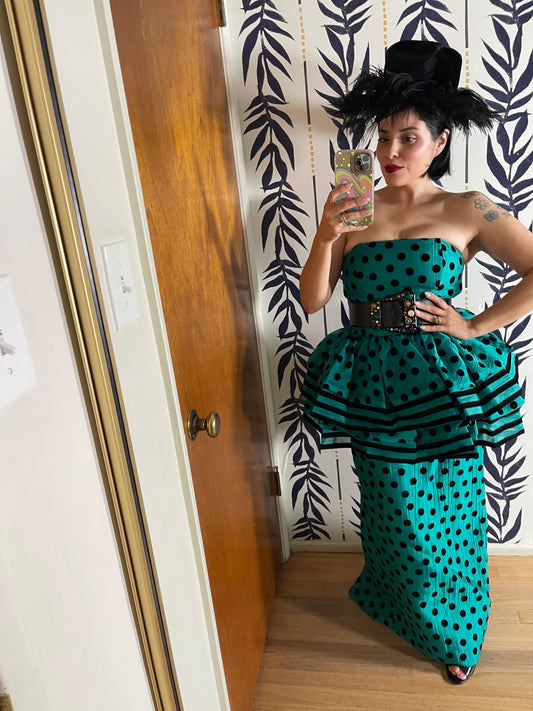 Victor Costa Polka Dot Peplum Aqua Blue Green Gown XS-SM