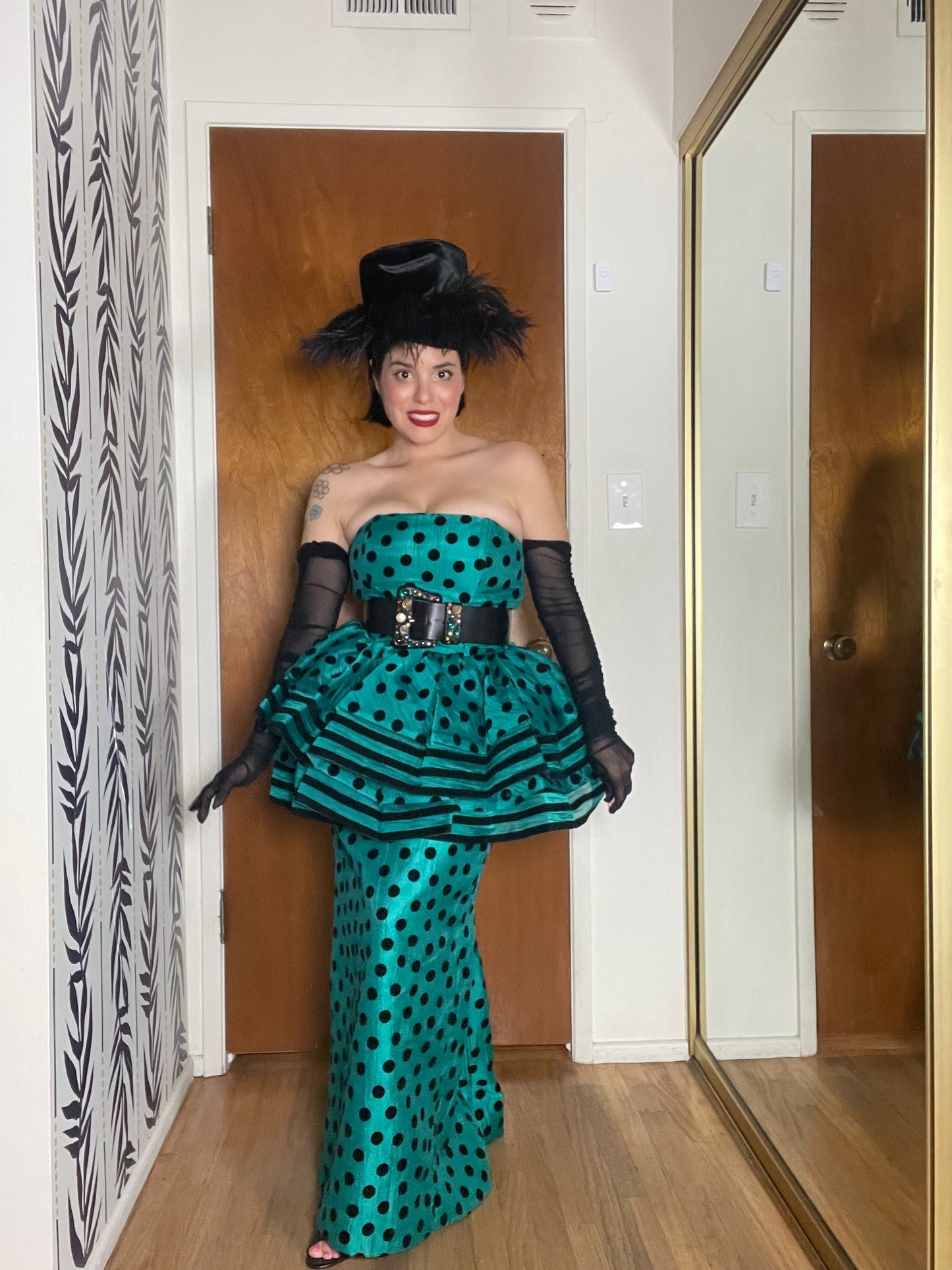 Victor Costa Polka Dot Peplum Aqua Blue Green Gown XS-SM