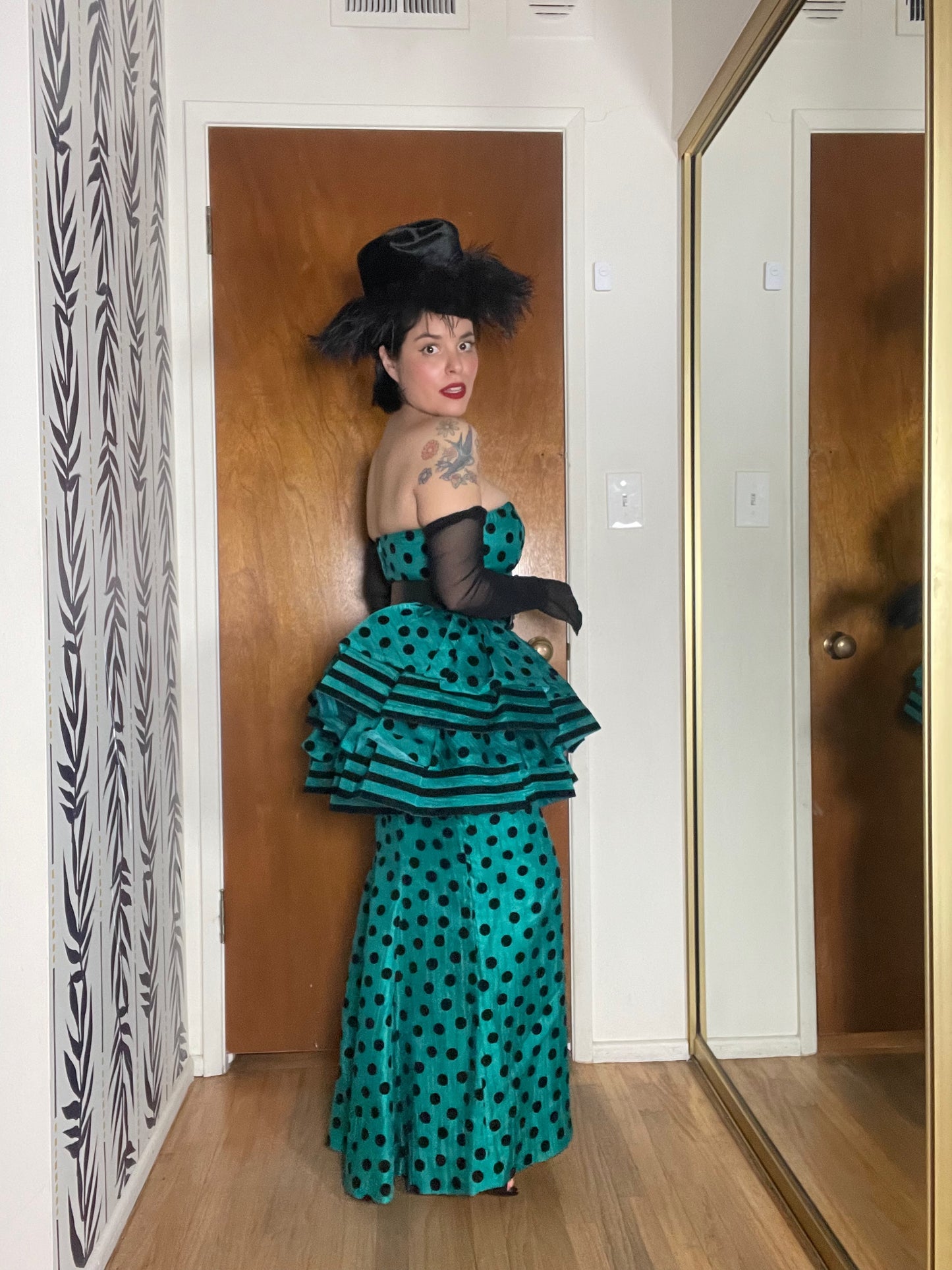 Victor Costa Polka Dot Peplum Aqua Blue Green Gown XS-SM