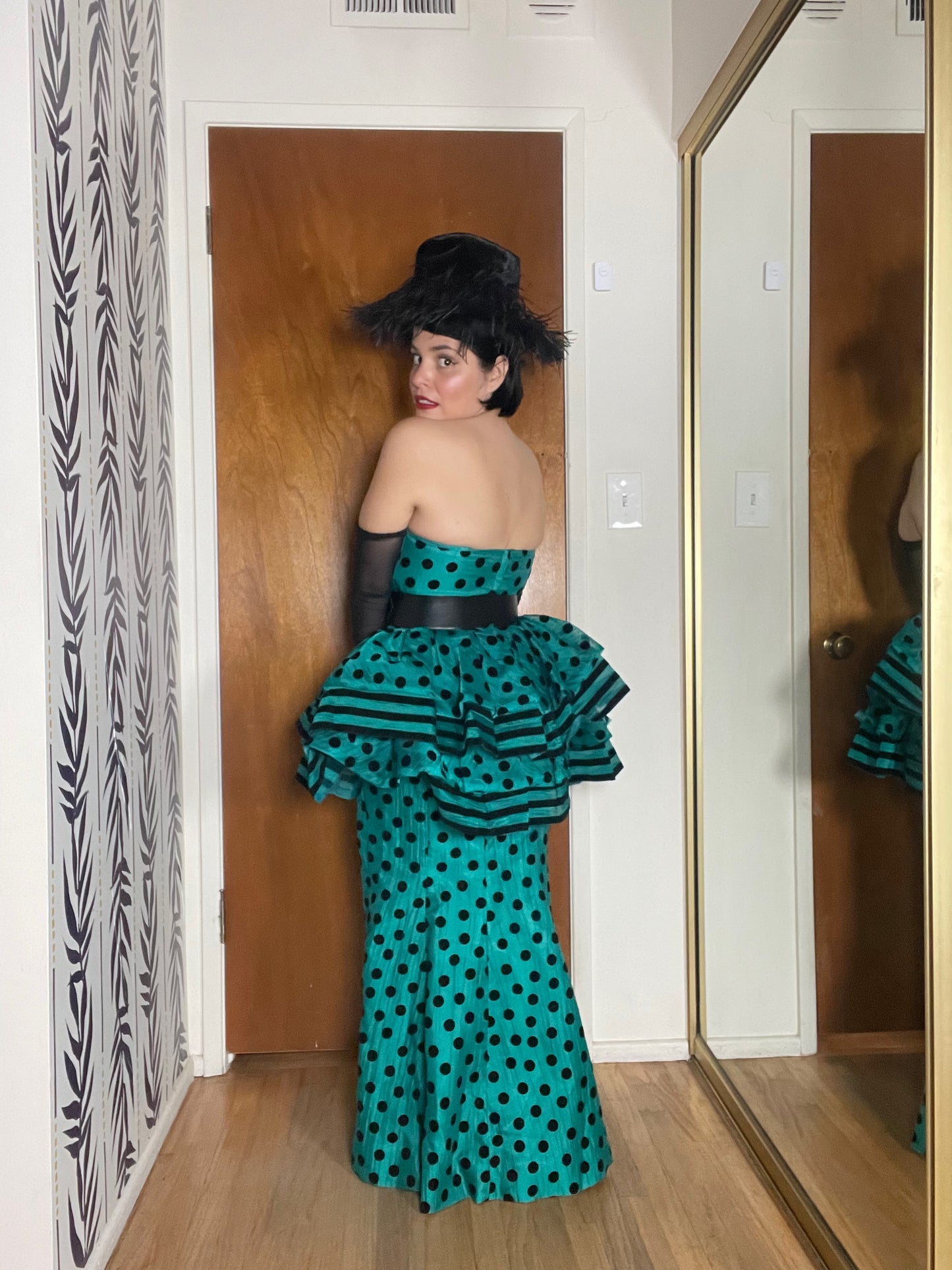 Victor Costa Polka Dot Peplum Aqua Blue Green Gown XS-SM